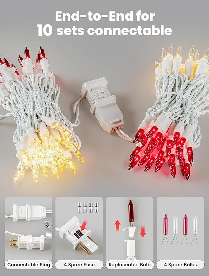 Red Clear Christmas Lights,13FT 50 Count Incandescent Mini Light,White Wire Christmas String Lights Plug in Waterproof for Tree Xmas Wedding Indoor Outdoor Valentine's Day Decor (Red Clear, 50 Count)