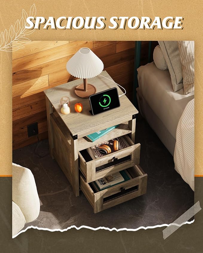 WLIVE Nightstand with Charging Station, Farmhouse End Table, Bed Side Table with 2 Storage Drawers and Open Shelf, Wood Rustic Nightstands for Bedroom, Living Room, Greige