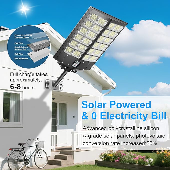 9000W Solar Street Light，Solar Street Lights Outdoor 120000LM, Commercial Parking Lot Light 7000K,Flood Outdoor Lights IP66 Waterproof with Motion Sensor, 3-Year Warranty