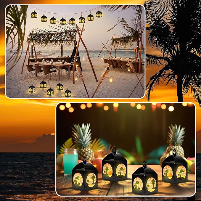 12 Sets Tropical Palm Tree Crafts with LED Candle Light DIY Hawaiian Summer Tissue Paper Craft Kits Hawaiian Luau Palm Tree Hanging Beach Jungle Embellishment for Home Decors Party