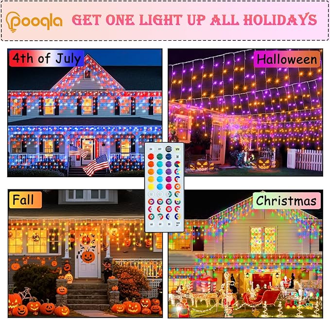 Pooqla Color Changing Icicle Lights with Remote, 35 Colors Christmas Icicle Lights, 300 LED 48FT RGB Waterproof Hanging String Lights for Roof Window Home Party Easter Outdoor Decor