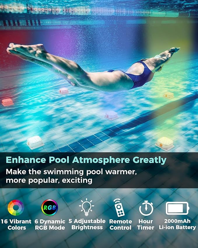 Pool Lights (2 Pack), Submersible LED Light with Remote Control, 5 Adjustable Brightness Levels, 16 Colors & 6 RGB Modes, IP68 Waterproof, 10H Runtime,Installation Accessories Included, (2025 Upgrade)