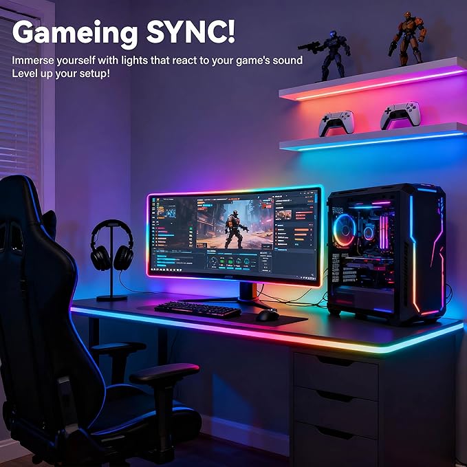 AI Voice Activated Led Lights Strip, Indoor Kids Bedroom Night Lighting RGB IC, Multiple Dimmable Color Changing Smart Lights, No App/No WiFi Required, Strong Adhesive Music Sync 16.4ft USB Powered