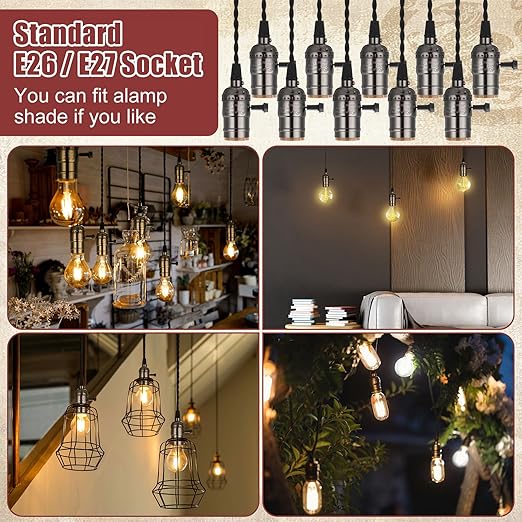 2 Pcs Vintage Pendant Light Sockets Light Cord Kit with Switches DIY Bulb Socket with Cord for E26 E27 Lamp Socket Lantern Bedroom Living Room Decor (1 Plug with 10 Sockets,Black)