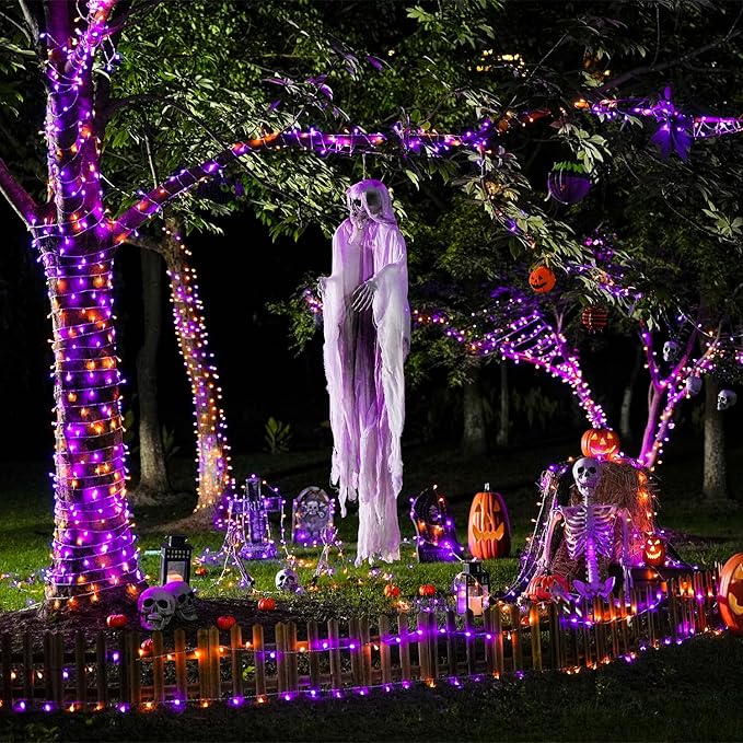JMEXSUSS 2 Pack 100 LED Orange and Purple Halloween Lights, 33ft Connectable Halloween String Lights Outdoor Waterproof, 8 Modes Christmas Light for Indoor Christmas Tree Party Decorations