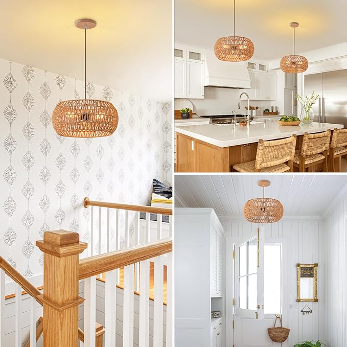 Rattan Light Fixture Dinning Room Pendant Light Boho Chandelier Hanging Light Ceiling Mount Hand Woven Lamp Shade 3-light Drum Chandelier Basket Light for Bedroom Hallway Kitchen Island Light Fixture