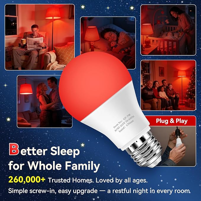 Neporal 7W 670nm Red Light Bulbs for Sleep - 100% Blue Light Blocking Bulbs for Melatonin Promote, A19 50W Equivalent Dim LED Red Light Bulb for Lamps, Bedroom Sleeping, Reading, Baby Nursery, 1-Pack