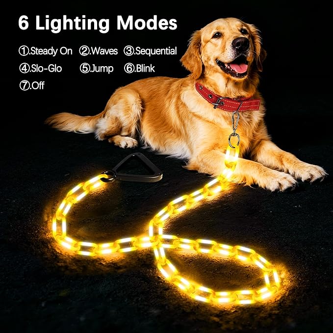 Joomer 6FT Light-Up Dog Leash for Night Walking, 60 LED Battery-Operated Dog Chain Lights with 6 Modes & Timer, Glow Leash with Secure Handle for Small to Large Pets - Warm White