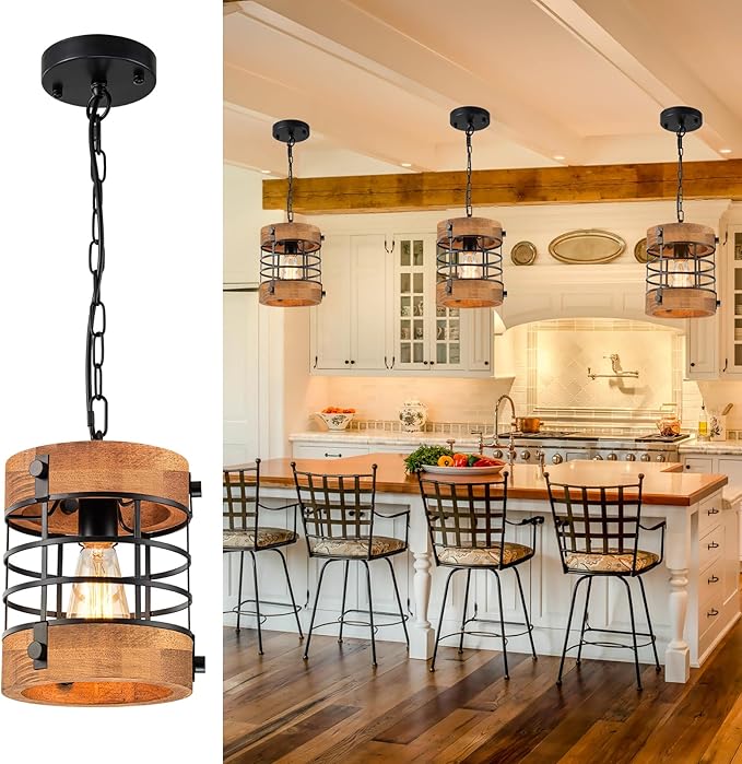 Wood Pendant Light Fixtures, Rustic Farmhouse Chandelier, Dining Room Light Fixture for Kitchen Island Foyer Hallway Bar, Height Adjustable