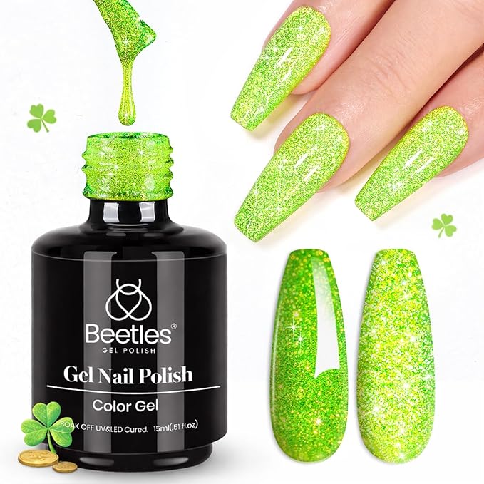 beetles Gel Polish Green Glitter Gel Nail Polish 0.51OZ Reflective Nail Art Manicure Salon DIY at Home UV LED Needed Gifts for Women Lime Shock St Patrick Day