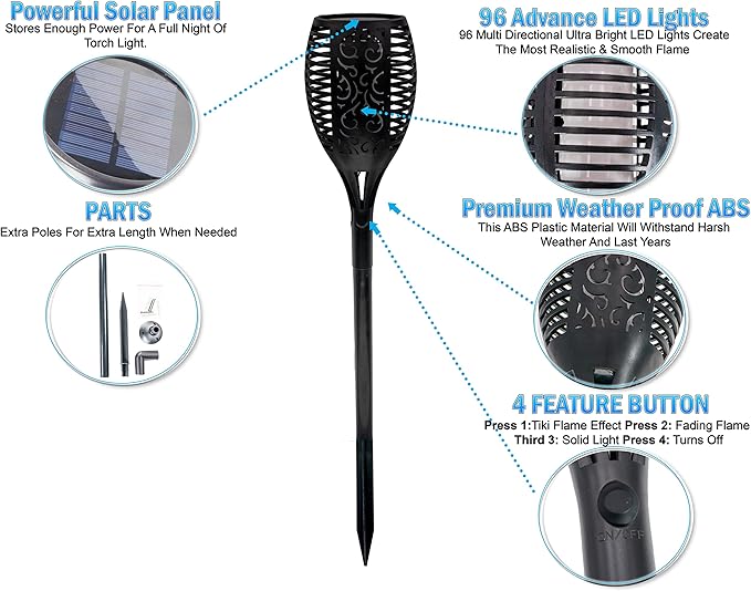 Solar Tiki Outdoor LED Torch Lights - 96 LEDs Realistic Flickering Flames Pathway Lights - Waterproof Outside Decoration For Backyard Yard Landscape - Auto On/Off for Garden, Driveway, Patio (4 Pack)
