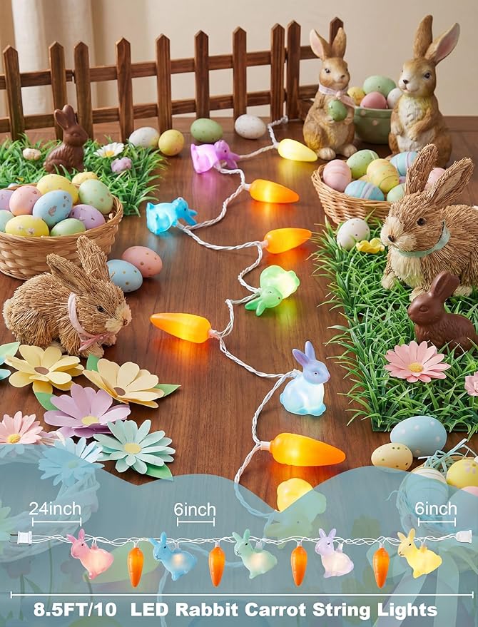 Easter Bunny Carrot String Lights, 8.5Ft Plug in Fairy Lights with 10 LED Rabbit and Carrot Lights, Cute Spring Decor for Home Bedroom Garden Party Indoor Outdoor Decorations