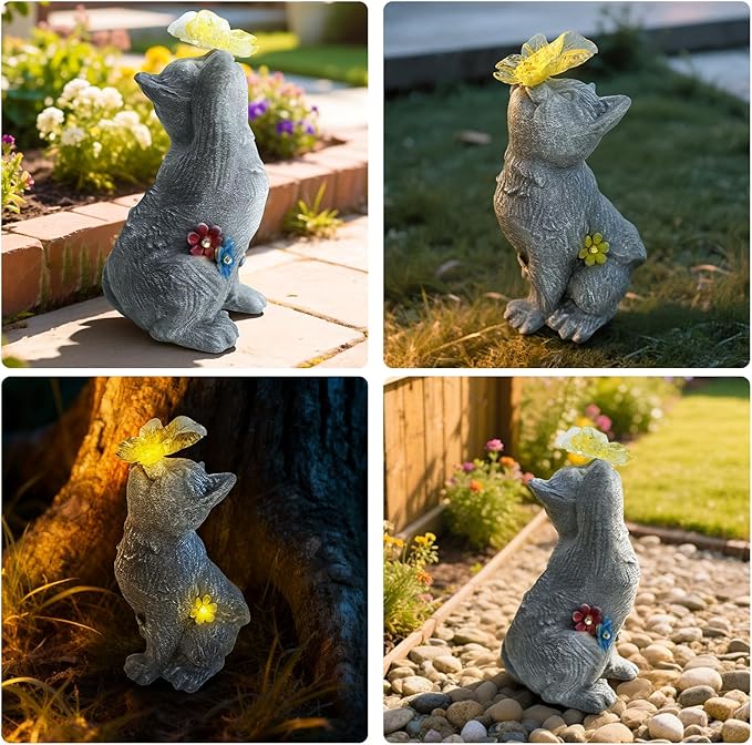 Charming Kitten Garden Statue with Solar Butterfly Light - Cute Cat Figurine with Colorful Flower - Outdoor Decor for Patio Lawn & Flower Bed - Christmas Housewarming Birthday Gifts for Grandma Mom