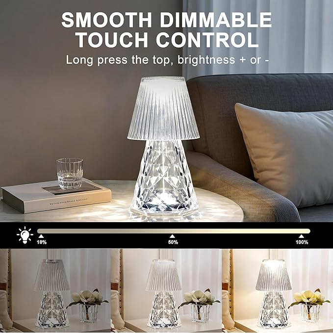 Waterproof Shower Lamp, Rechargeable Bathroom Lamp with RGB, Cordless Crystal Table Lamp, Dimmable Crystal Bedside Night Light for Bathroom Bedroom