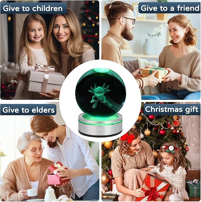 3D Axolotl Crystal Ball Night Light With LED Colorful Light Touch Base 3.15 In Glass Ball Lamp for Birthday Christmas, Cool Toy Gift for Boys Girls Kids Axolotl Figurines Home Decor