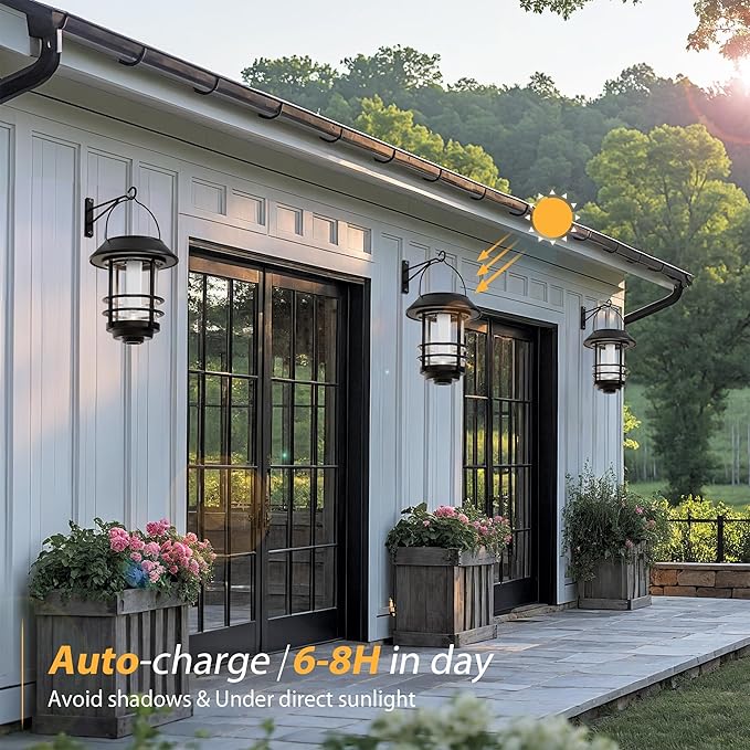 Otdair Solar Lanterns Outdoor Waterproof, 4 Pack Flickering Flames Wall Garden Decor with Glass Shade, Hanging Solar Lights Wall Mount Decorations for Halloween, Front Porch, Patio, Yard