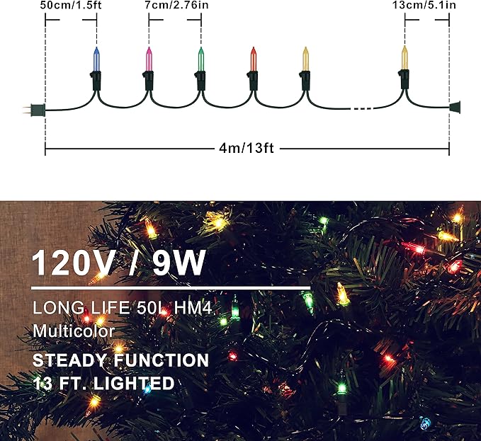 Hopolon 2 Pack 13ft 50 Clear Mini Xmas String Lights Green Wire Cord for Indoor/Outdoor Use, 120V End-to-End Connectable Decoration for Christmas,Tree,Wedding, Bedroom, Porch Decor(Multicolor)