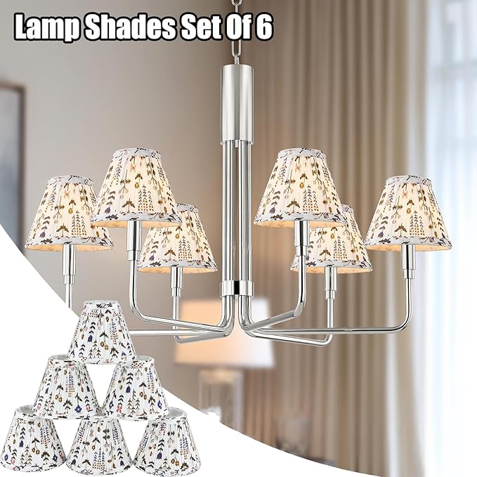 Chandelier Shades Set of 6,Mini Lamp Shade 3" Top x 6" Bottom x5" Slant,Small Lamp Shades Clip On Bulb,Pleated Chandelier Lamp Shades,Fabric Lampshades That Attach to The Bulb(White Floral)