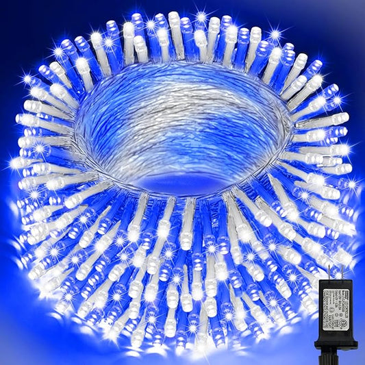 LAMPHOME 99ft Christmas Decorative Mini Lights, 300 LED Transparent Wire Fairy Starry String Light Plug in, 16Lighting Modes for Indoor Outdoor Xmas Tree Wedding Party Decoration (White and Blue)