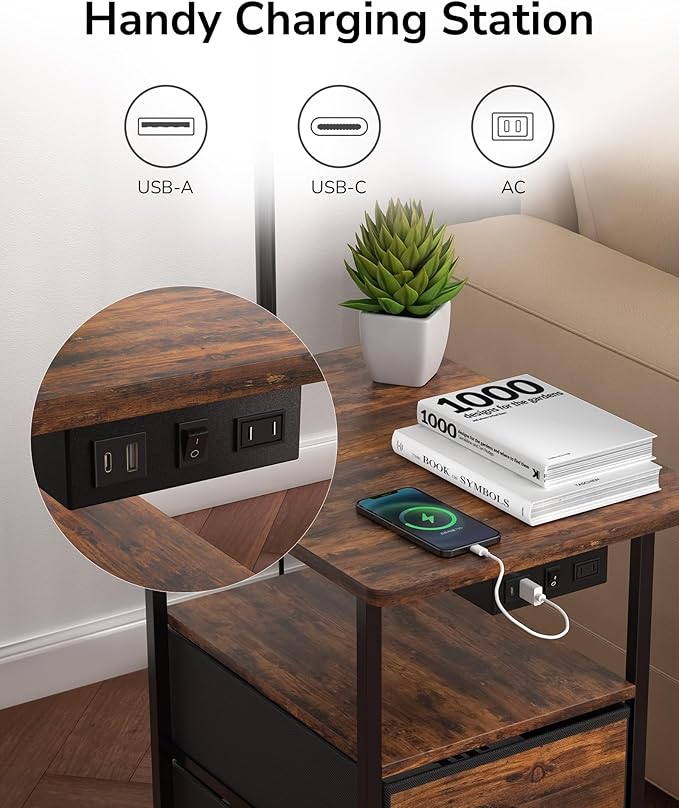 JACKYLED Floor Lamp with Table & 2 Drawers, 3-Color End Table Flood Lamp with Charging Station (USB, Type-C, AC), Vintage Side Table with Lamp for Reading, Bedroom, Living Room, Paper String Shade