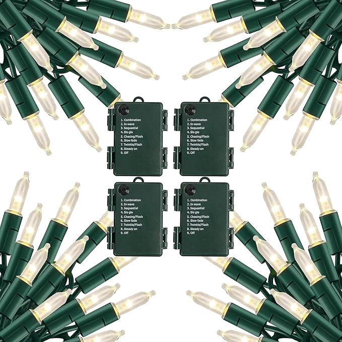 TW SHINE Battery Operated Christmas Lights, 4 Pack Total 200 LED 64 FT Battery Operated String Lights with 8 Modes, Xmas Light for Outdoor Indoor Wedding Party Home Decorations, Warm White