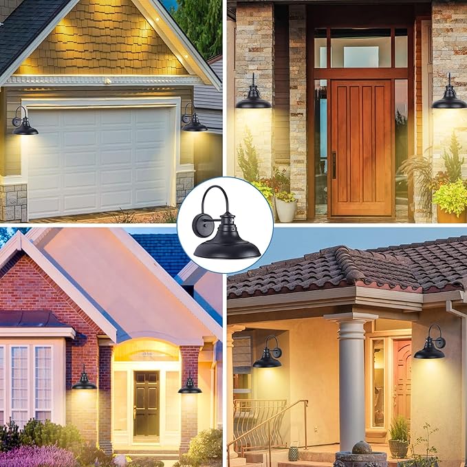 Dusk to Dawn LED Outdoor Barn Lights - 2 Packs Farmhouse Gooseneck Exterior Light Fixture Wall Mount, 12.25" Large Black Porch Lights, Outside Wall Lights for House Garage Patio Doorway