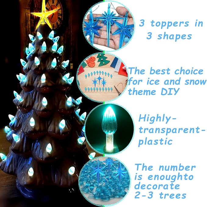 Ceramic Christmas Tree Replacement Lights Bulbs, Aqua Blue Medium Twist Plastics Pegs Ornaments for Ceramic Tree(87 Bulbs＆ 3 Topper Star)