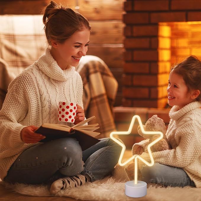 Star Neon Sign with Base, Warm White LED Neon Light, Battery & USB Power Supply, Star LED Light for Home, Bedroom, Study, Store Table, Party Decor, Birthday, Christmas Gifts for Kids, Girls, Boys