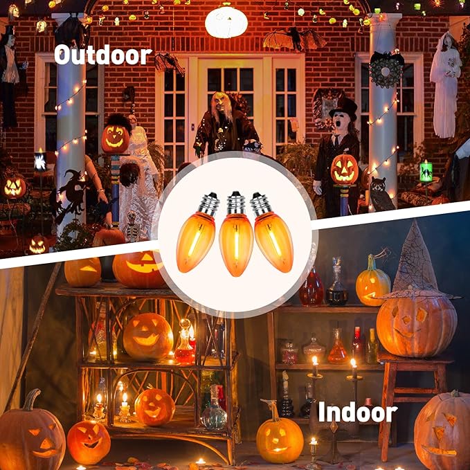 C7 Replacement Bulbs, 25 Pack Halloween Orange LED Bulbs, 0.6W E12 Base for Indoor Outdoor Christmas String Lights, Patio, Party Decor