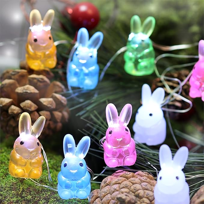 Easter Decorations Rabbit String Lights, 10 ft 30 LED Bunnies Battery Operated with Remote for Tabletop House Front Patio Wedding Kindergartens Party Jashika