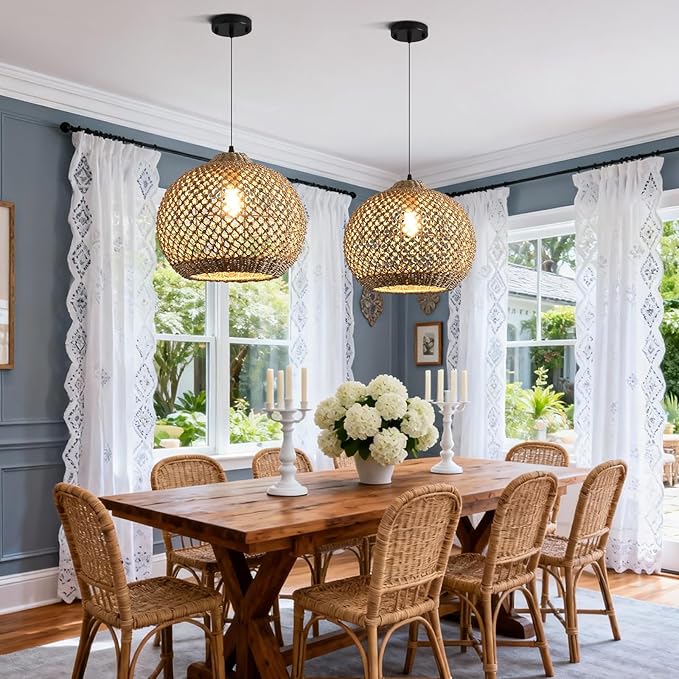 Pendant Light Rattan Fixture,Farmhouse 13.79” Wicker Hand-Woven Suspension Bohemian Chandelier for Kitchen Island Bedroom Living Room Entry Hallway