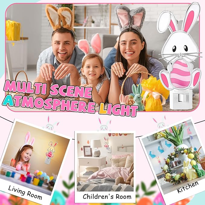 Easter Bunny Night Light Plug Into Wall, Resin Bunny Egg Light Decoration with C7 LED Bulb, Decorative Holiday & Valentine Night Lights for Bedroom Bathroom Living Room