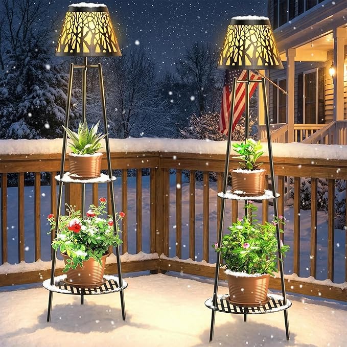 2 Pack Outdoor Solar Floor Lamp with Plant Stand, Waterproof Metal Garden Lights with 2-Tier Shelves, Decorative LED Cordless Patio Lamp for Porch, Deck, Balcony, Yard & Corner Decor (Bronze)