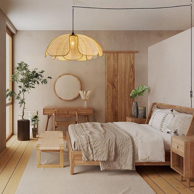 Boho Chandelier, Hemp Rope Pendant Light Hand-Woven Rattan Hanging Lamp Wicker Retro Light Fixtures for Hallway Entryway Kitchen Island Dining Room Bedroom(1-Pack)