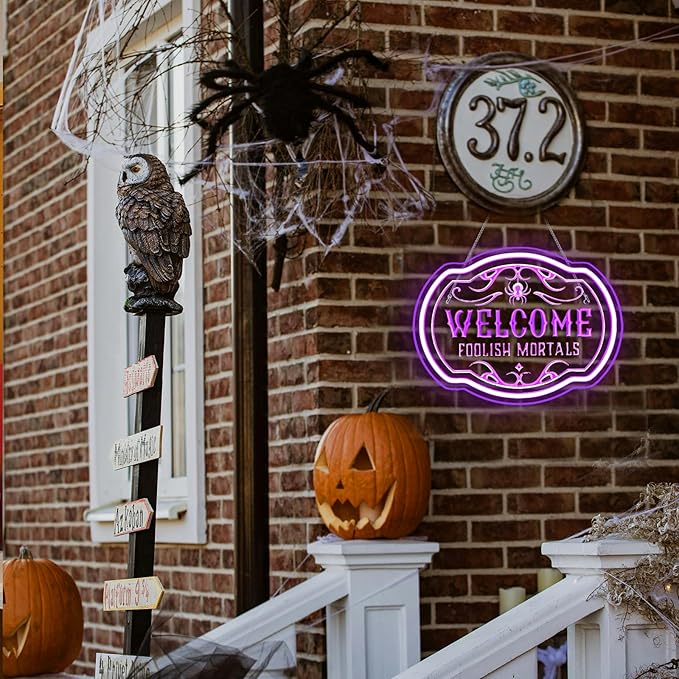 Horseneon Welcome Foolish Mortals Christmas Neon Sign Haunted Mansion LED Wall Decor for Door Mab Cave Light Horror Movie Parties & Themed Bars Spooky Effect Christmas Gifts