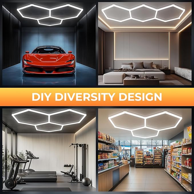 Hexagon Led Lights, 3-Level Dimmable Hexagon Garage Lights, 128W 6500K 14080LM Upgraded Honeycomb Lights for Gym Lighting, Car Detailing, Workshop, Basement, Barber