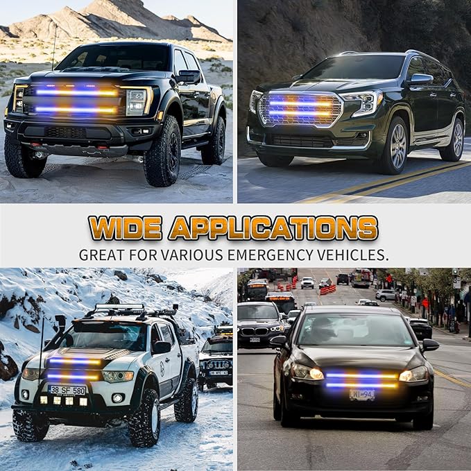 XRIDONSEN 2PCS 24 inch Amber Blue Truck Grill Emergency Lights Strip 288 LED Grille Strobe Lights Flashing Warning Safety Waterproof First Responder Lights for Firefighter Police Vehicles Fire Trucks