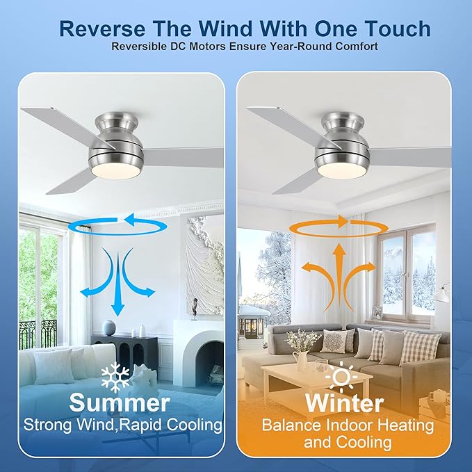 42 Inch Ceiling Fans with Lights and Remote, Brushed Nickel Low Profile Ceiling Fan with Light, Flush Mount, Reversible, 6 Speeds, 3CCT Dimmable, Bedroom Indoor/Outdoor Patios Use