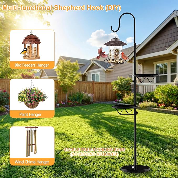 61" Solar Lights Outdoor with Plant Stands - Metal Shepherd Hook with Hanging Solar Lantern, Waterproof Solar Floor Lamp Garden Lights for Patio Deck Yard Porch Backyard & Indoor Decor