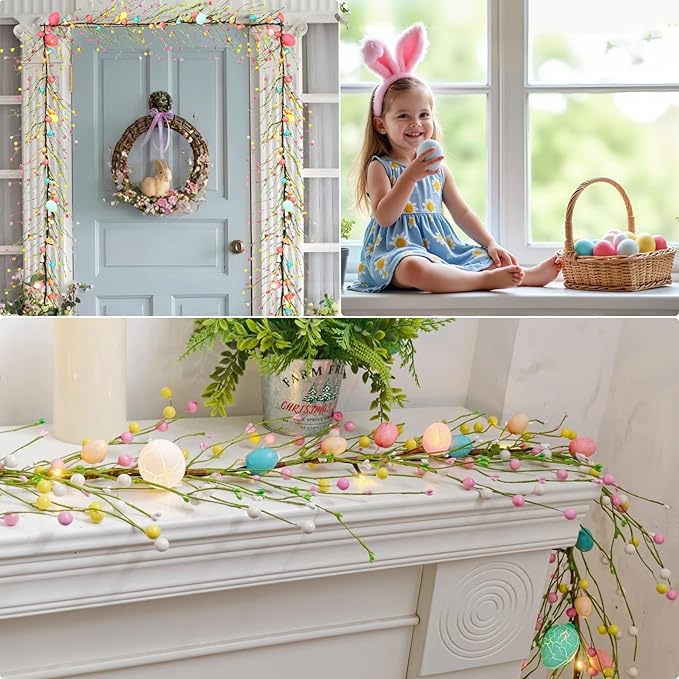 6 Foot Easter Egg Garland-Easter Garland with Lights Colorful Berry Battery Operated Auto Timer for Spring Summer Holiday Party Office Decoration