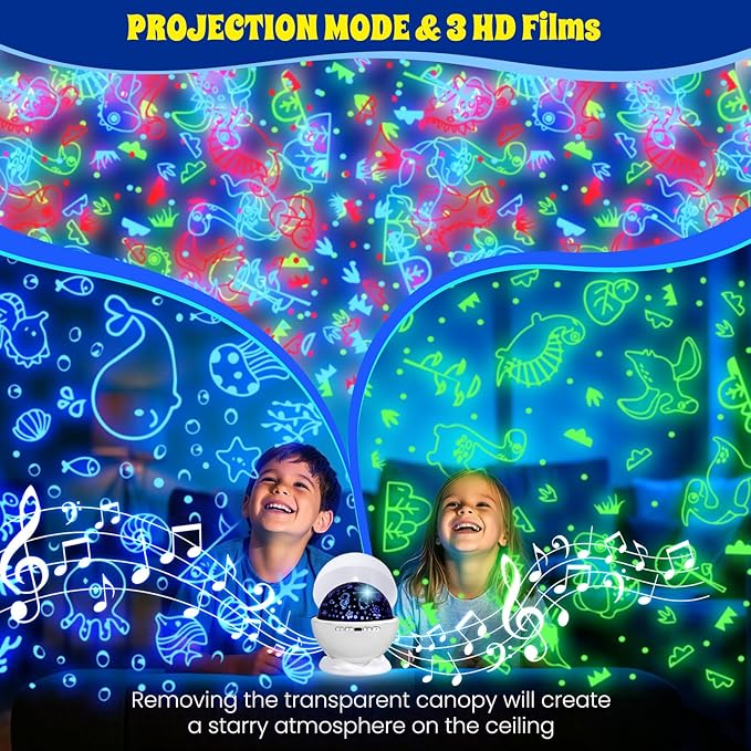 Night Light Projector,Night Light for Kids Room with Remote and Timer,360° Rotation,3 Projection Films,18 Light Modes,8 Lullaby Songs,Kids Night Lamp, Christmas Birthday Gifts for Boys Girls (White)