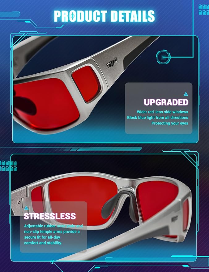 TIJN Sonia Sleep Glasses for Blue & Green Light Blocking,Red Lens with Dual AR Coating,Wraparound Frame for Gaming Screen
