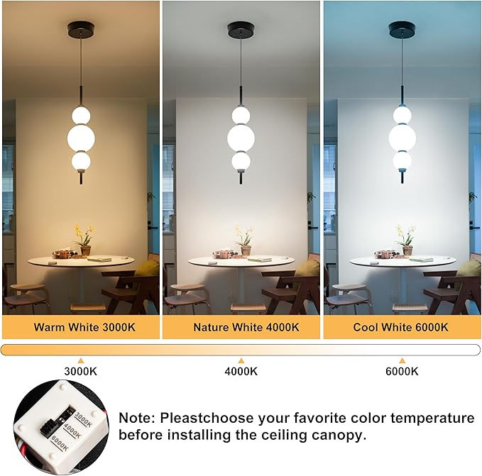 Modern Pendant Lights, Globe Pendant Lights with white Glass,Dimmable Black Pendant Light Fixtures,Adjustable Indoor Hanging Light Fixture for Kitchen Island, Dining Room,bedroom,15W,3000K-6000K