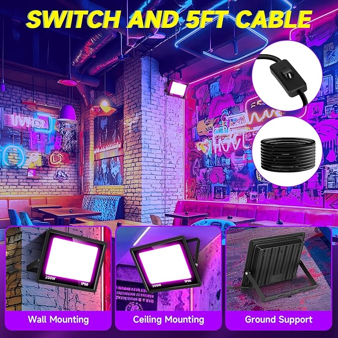 2 Pack 200W LED Black Light, IP66 Waterproof Outdoor Blacklight Flood Light Spotlight with Plug, Switch, Cord for Neon Glow Party Fluorescent Poster Body Paint Stage Lighting Halloween Decor