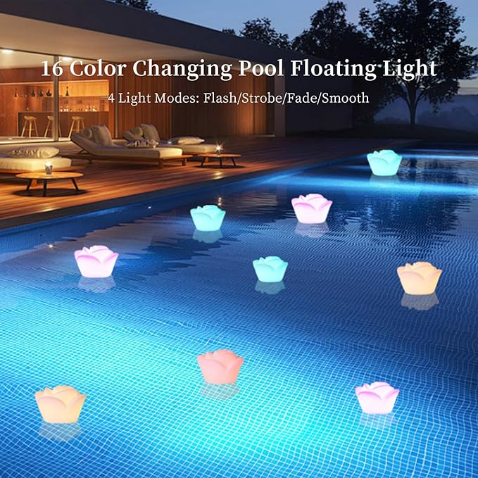 Borelor Rose Flower Floating Pool Light, 6-Inch USB Rechargeable & Remote Control Night Light,16 Colors Changing IP68 Waterproof Bath Lamp for Home,Pool,Party
