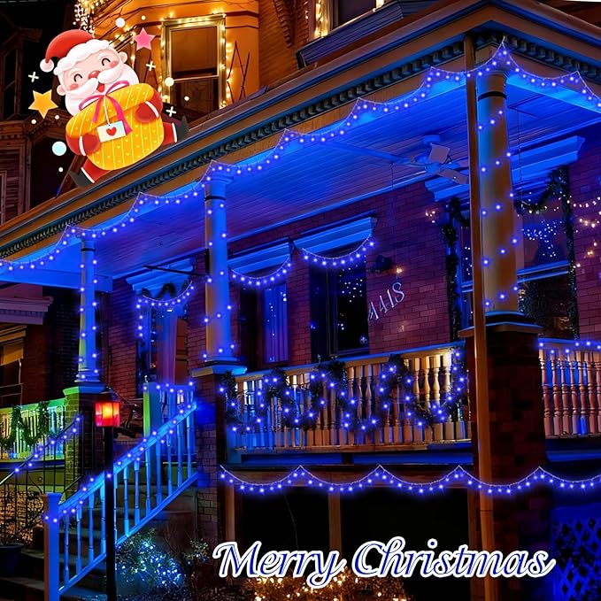 QITONG Blue String Lights Outdoor, 165ft 500 LED Christmas Light Plug-in with 8 Modes, Clear Wire Twinkle Xmas Lights Indoor