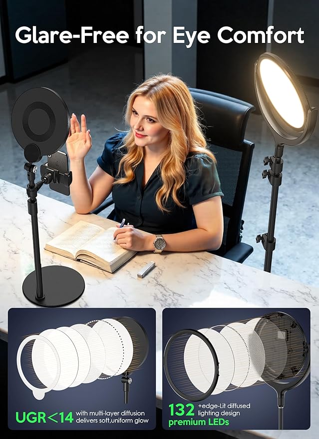 Ring Light for Online Teaching Video 2700-6500K Home Office Studio Light - Desktop & Phone Tripod Stand - High CRI 2-Point Lighting for Video Recording/Photography/Flexible Work