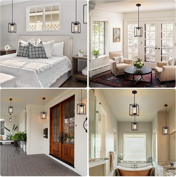 1-Light Oil Rubbed Bronze Pendant Light Fixture, Farmhouse Iron Cage Metal Pendant Light, Lantern Pendant Lighting with Clear Glass Shade for Kitchen Island Entryway Dining Room Hallway
