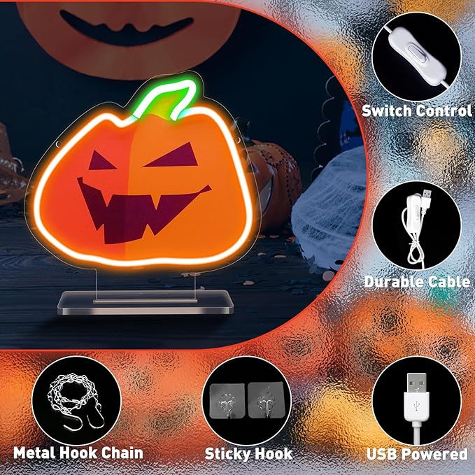 Thanksgiving Pumpkin Neon Signs, Fall Pumpkin Neon Light Sign for Bedroom Wall Decor, USB Powered Light up Sign with Base, Pumpkin LED Signs Room Decor Aesthetic for Thanksgiving Decoration Gift