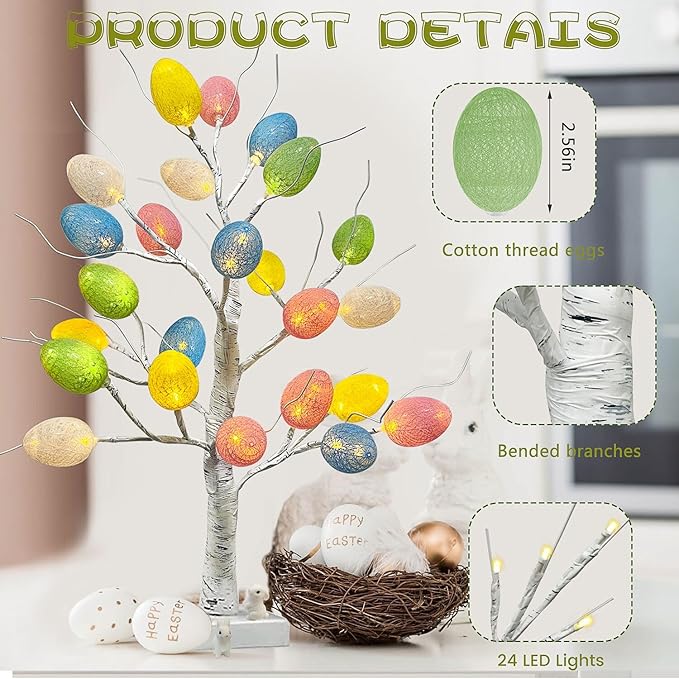 Easter Decorations,Pre-Lit Artificial Easter Egg Tree with LED Lights,2FT Lighted Birch Tree,Light up Tree Lamp for Spring Holiday Tabletop Decor